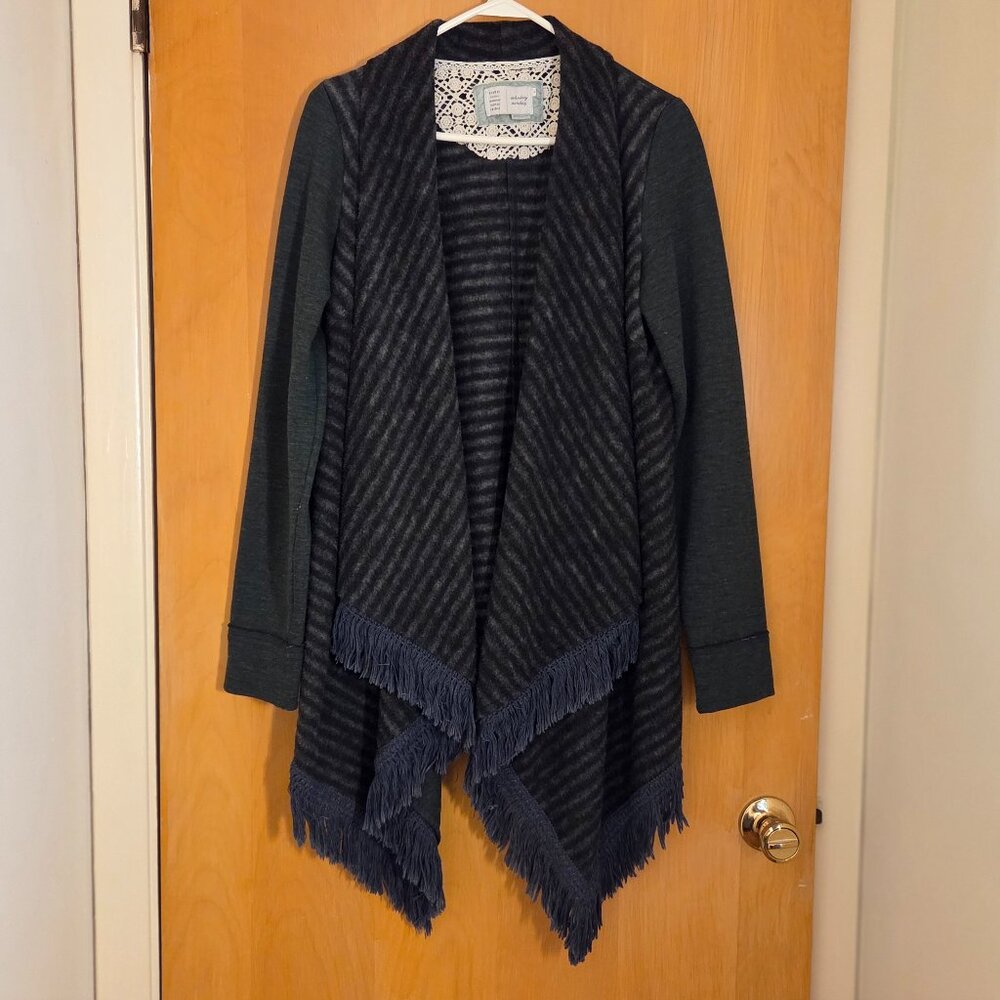 Saturday Sunday Anthro Open Front Elise Cardigan Size M Fleece Green Gray Fringe